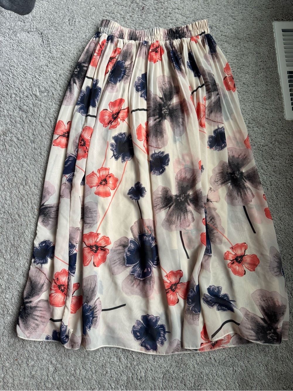 Floral Midi Skirt in Cream with Coral & Navy - Amazon size small